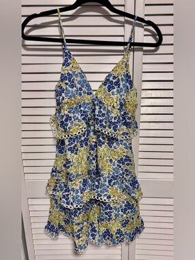 Lost + Wander Blue and Yellow Floral Ruffle Dress